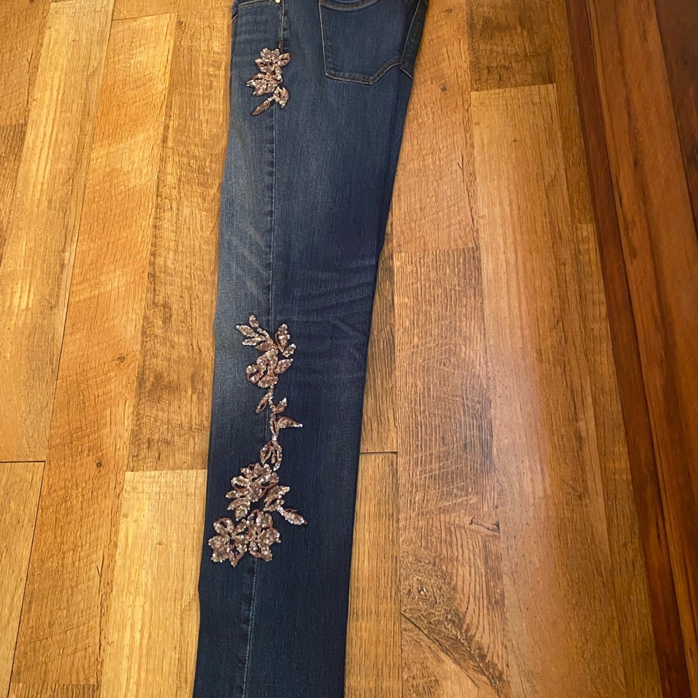 White House Black Market Blue Jeans with Gold Embroidery
